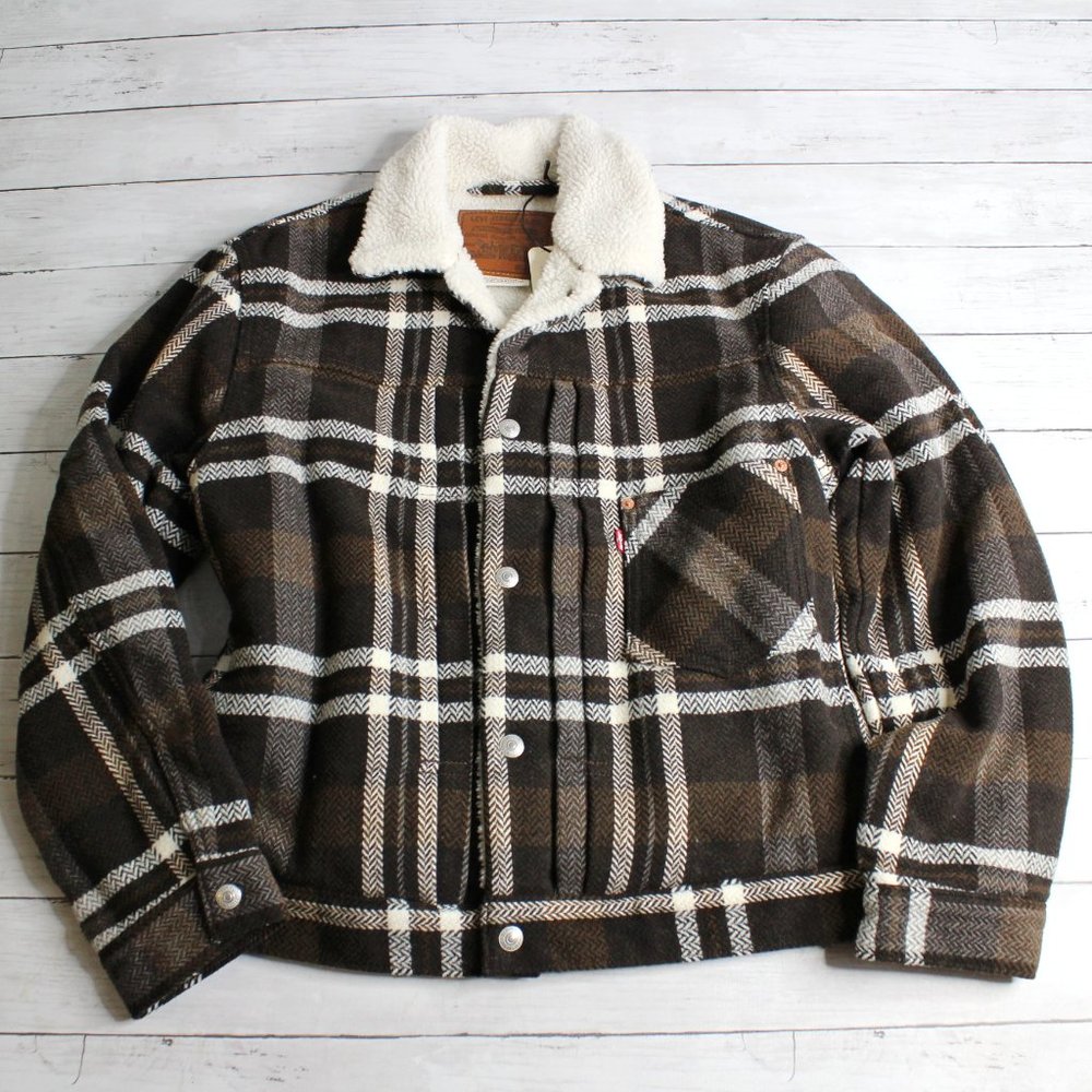 Levi Strauss Men's Plaid Trucker Jacket Size XL Wool Blend Sherpa Lined
